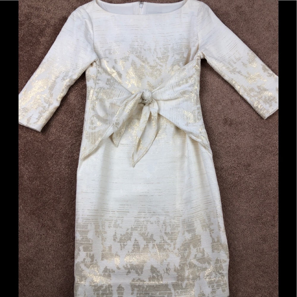 Charlotte Brody White & Gold Tie Front 1/2 Sleeve Dress Size 2